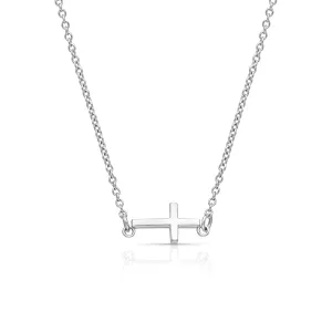 14KW Rhodium Sideways Cross Necklace