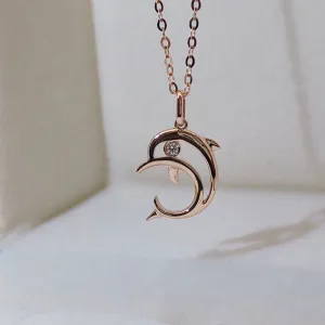18K Gold Round Cut 0.01ct Real Diamond Simple Dolphin Pendant Necklace
