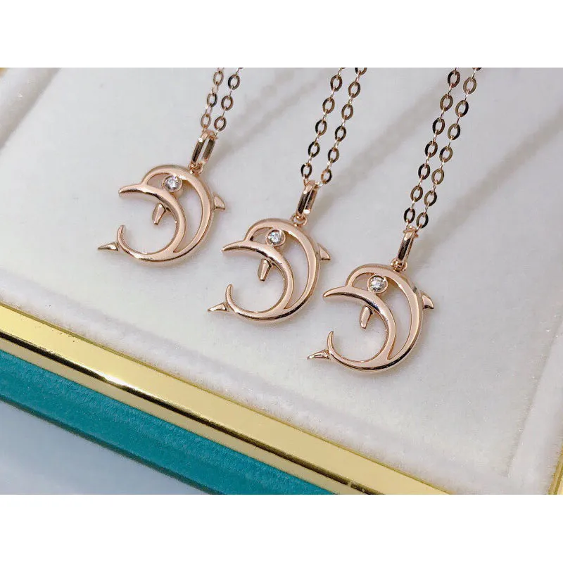 18K Gold Round Cut 0.01ct Real Diamond Simple Dolphin Pendant Necklace