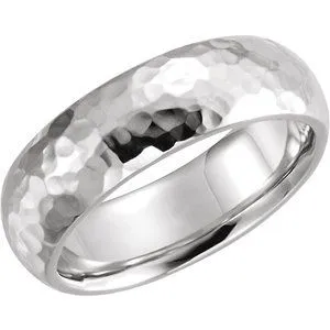 18K White 7 mm Half Round Band with Hammer Finish Size 11.5