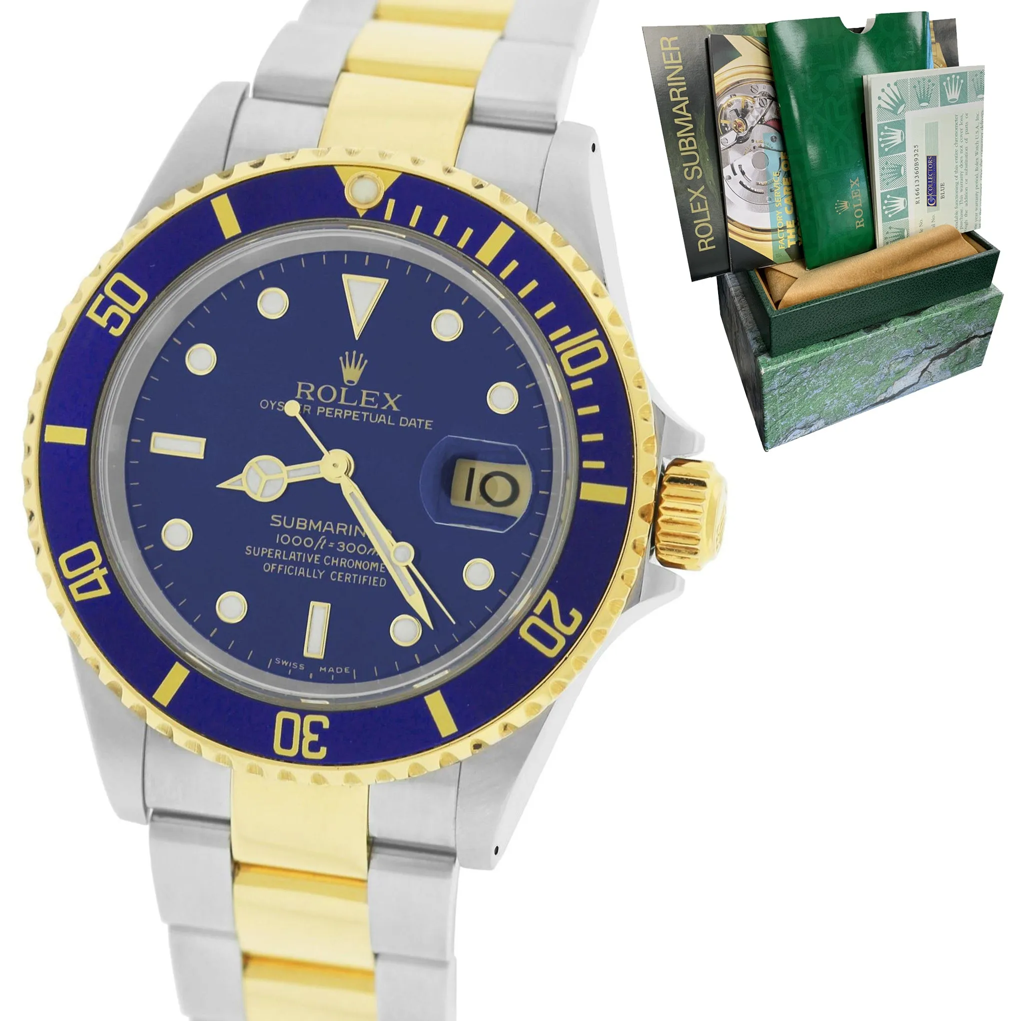 2000 Rolex Submariner 16613 Two-Tone GOLD BUCKLE Blue Dive 40mm Watch SEL B P