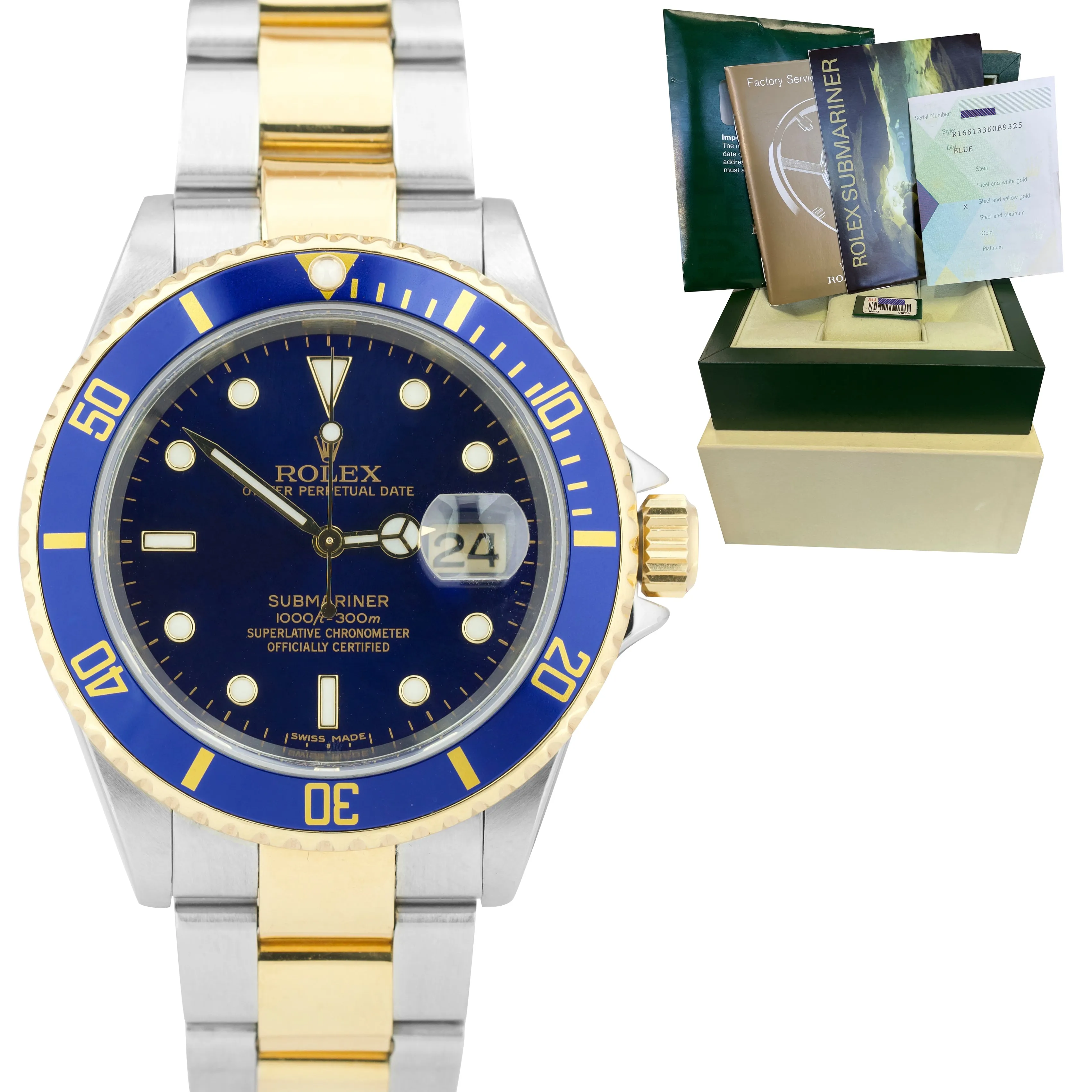 2007 Rolex Submariner Two-Tone Gold NO HOLES Blue Stainless 40mm Watch 16613 B P