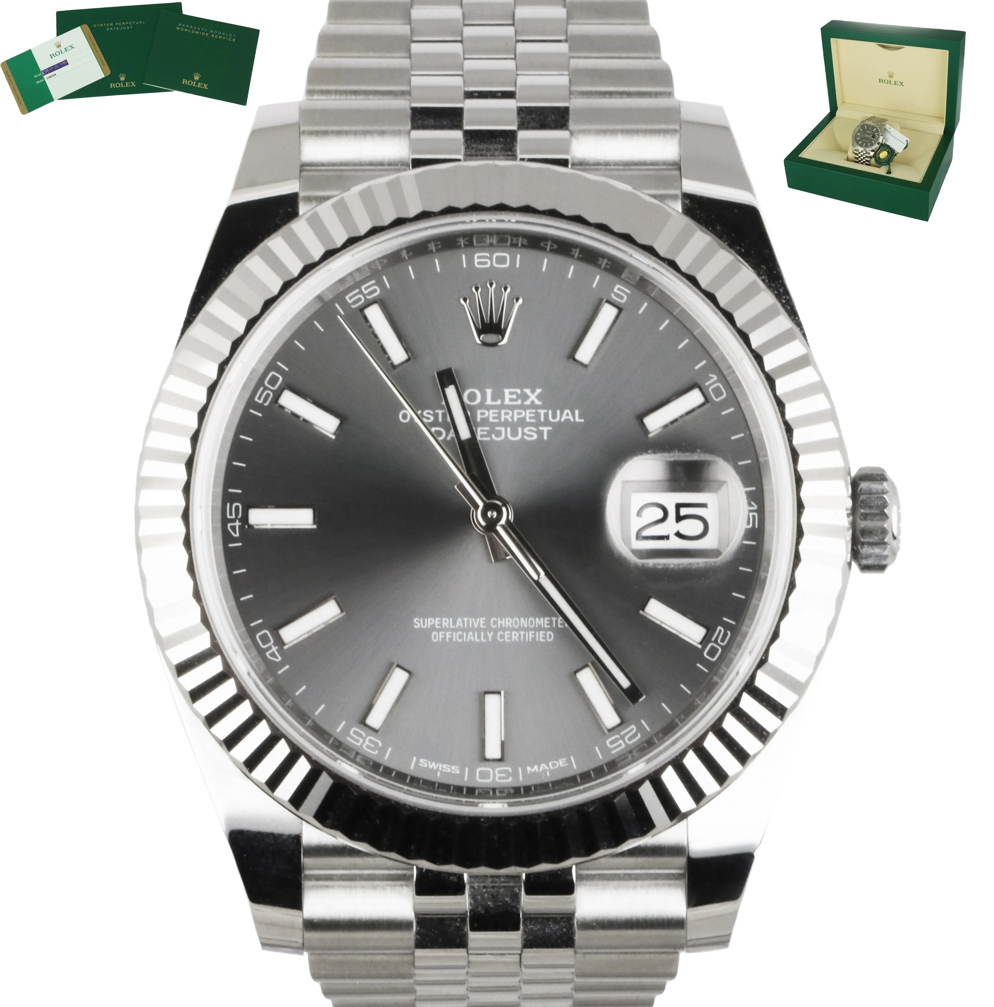 2017 Rolex DateJust 41 126334 Gray Rhodium 41mm Fluted Gold Stainless Jubilee