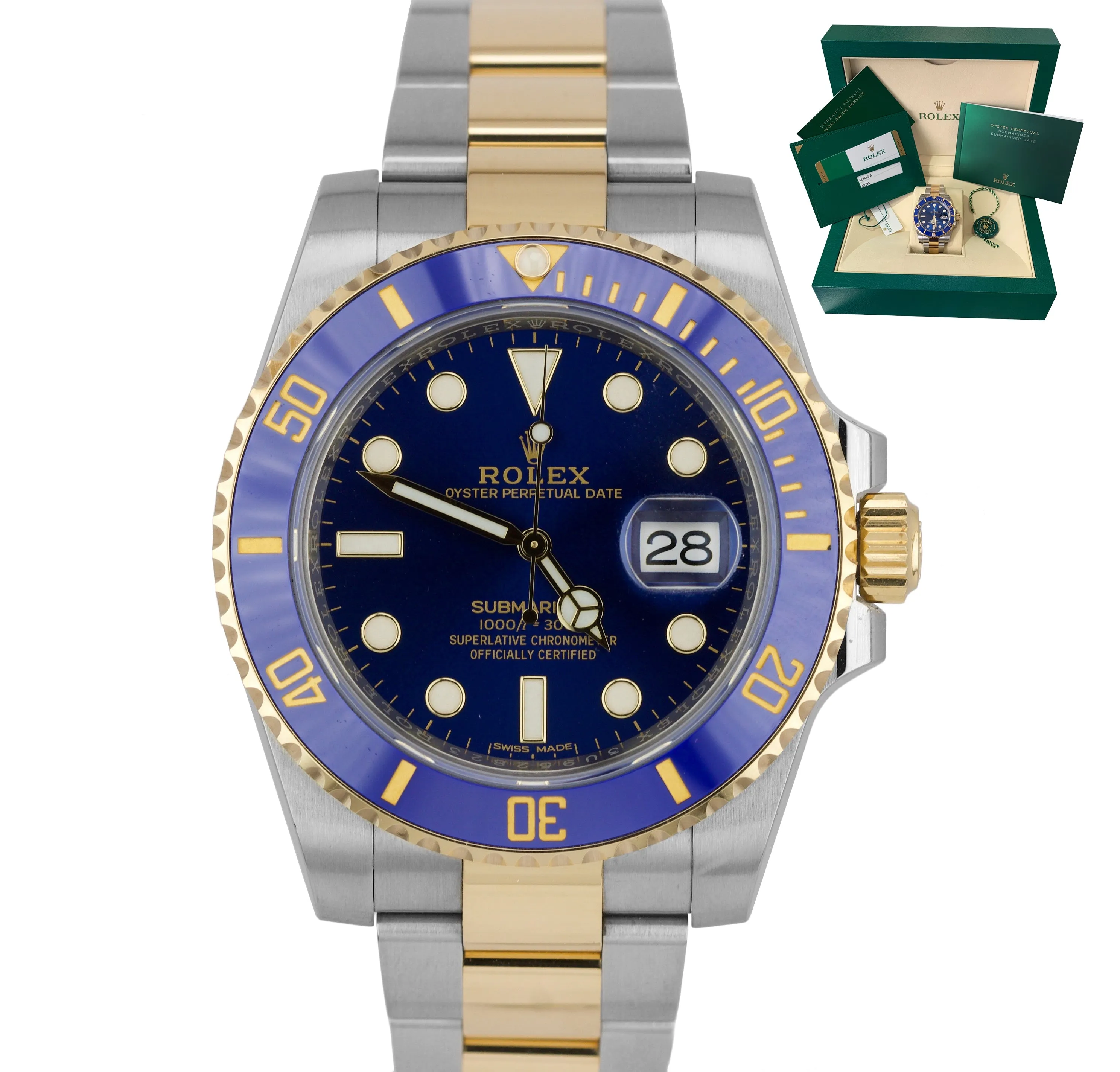 2019 SUNBURST Rolex Submariner Ceramic 116613 LB Two-Tone Gold Blue Dive Watch