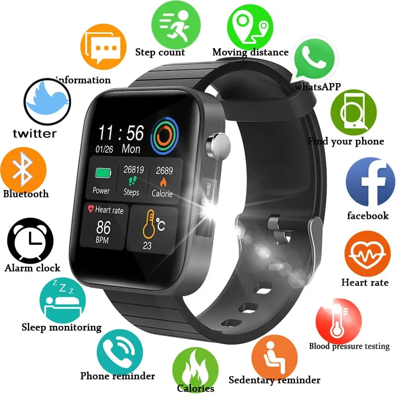 2021 NEW T68 Smart Watch Men Body Temperature Measure Heart Rate Blood Pressure Oxygen Bracelet Call Reminder Smart Watch Black