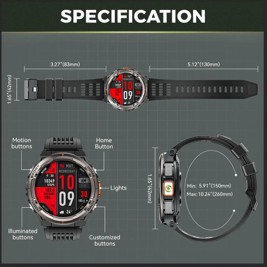 2024 EIGIIS Smart Watches for Men with LED Flashlight 1.45’’ HD Rugged Smartwatch (Answer/Make Call) with Compass Altitude Barometer SOS Alarming Fitness Tracker For Heart Rate Monitor Compatible With IOS And Android Phones