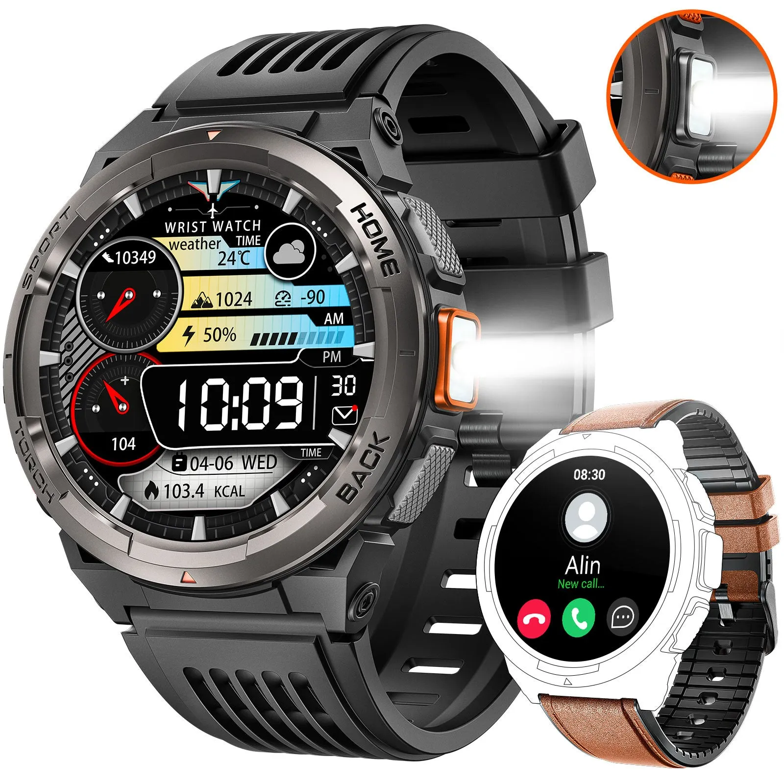 2024 EIGIIS Smart Watches for Men with LED Flashlight 1.45’’ HD Rugged Smartwatch (Answer/Make Call) with Compass Altitude Barometer SOS Alarming Fitness Tracker For Heart Rate Monitor Compatible With IOS And Android Phones