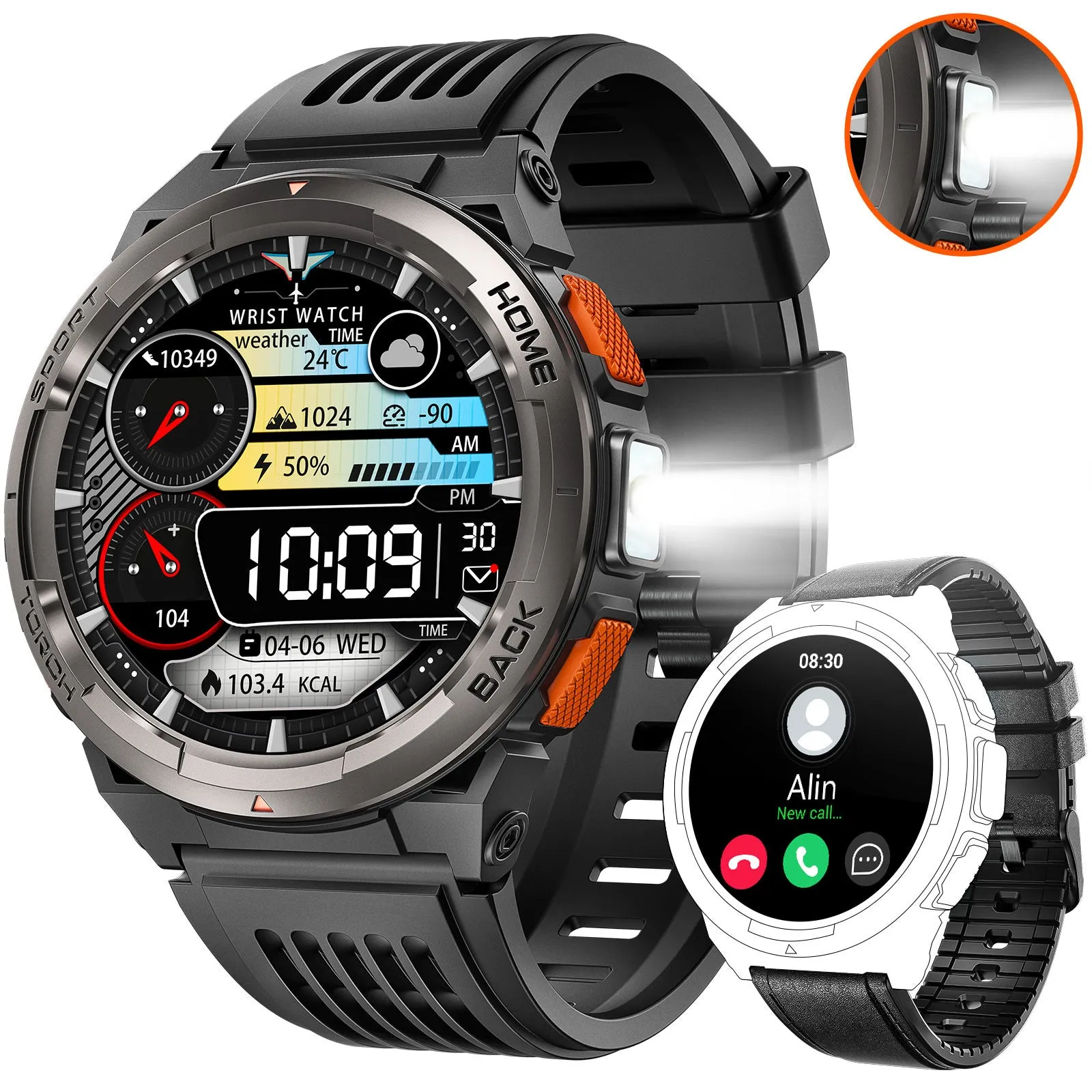 2024 EIGIIS Smart Watches for Men with LED Flashlight 1.45’’ HD Rugged Smartwatch (Answer/Make Call) with Compass Altitude Barometer SOS Alarming Fitness Tracker For Heart Rate Monitor Compatible With IOS And Android Phones
