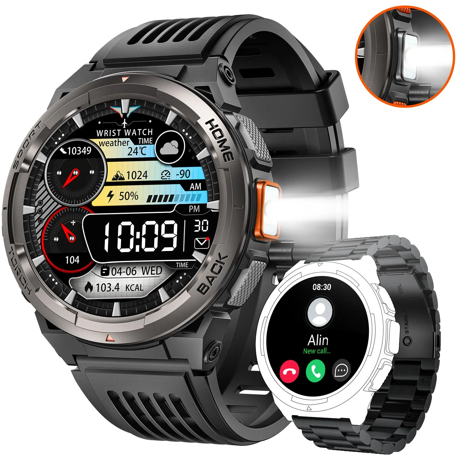 2024 EIGIIS Smart Watches for Men with LED Flashlight 1.45’’ HD Rugged Smartwatch (Answer/Make Call) with Compass Altitude Barometer SOS Alarming Fitness Tracker For Heart Rate Monitor Compatible With IOS And Android Phones