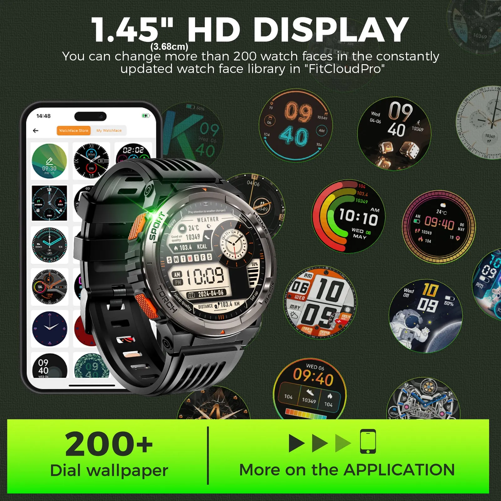 2024 EIGIIS Smart Watches for Men with LED Flashlight 1.45’’ HD Rugged Smartwatch (Answer/Make Call) with Compass Altitude Barometer SOS Alarming Fitness Tracker For Heart Rate Monitor Compatible With IOS And Android Phones