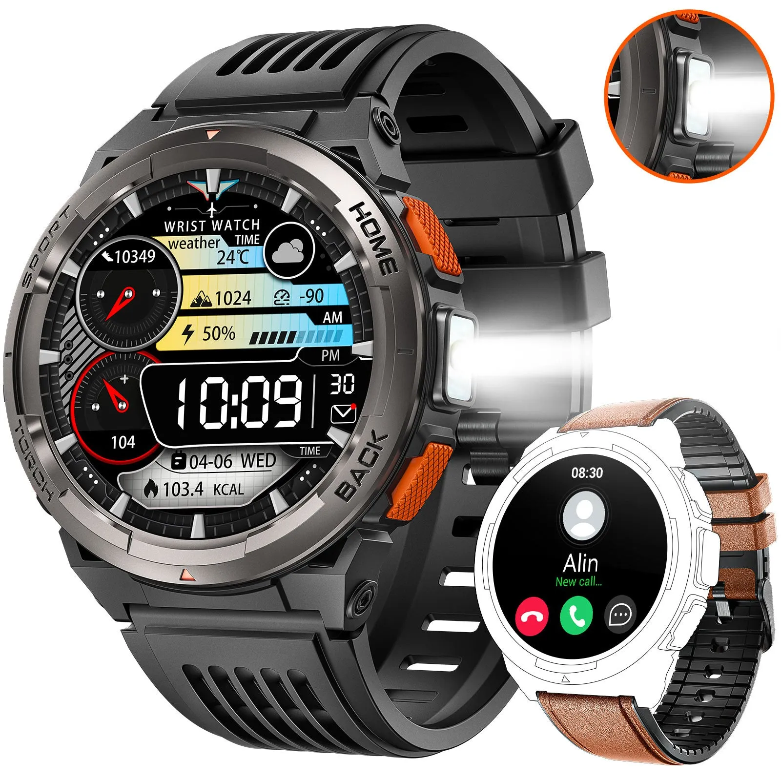 2024 EIGIIS Smart Watches for Men with LED Flashlight 1.45’’ HD Rugged Smartwatch (Answer/Make Call) with Compass Altitude Barometer SOS Alarming Fitness Tracker For Heart Rate Monitor Compatible With IOS And Android Phones