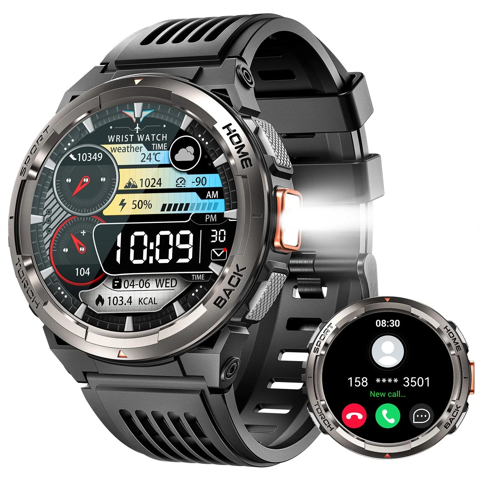 2024 EIGIIS Smart Watches for Men with LED Flashlight 1.45’’ HD Rugged Smartwatch (Answer/Make Call) with Compass Altitude Barometer SOS Alarming Fitness Tracker For Heart Rate Monitor Compatible With IOS And Android Phones