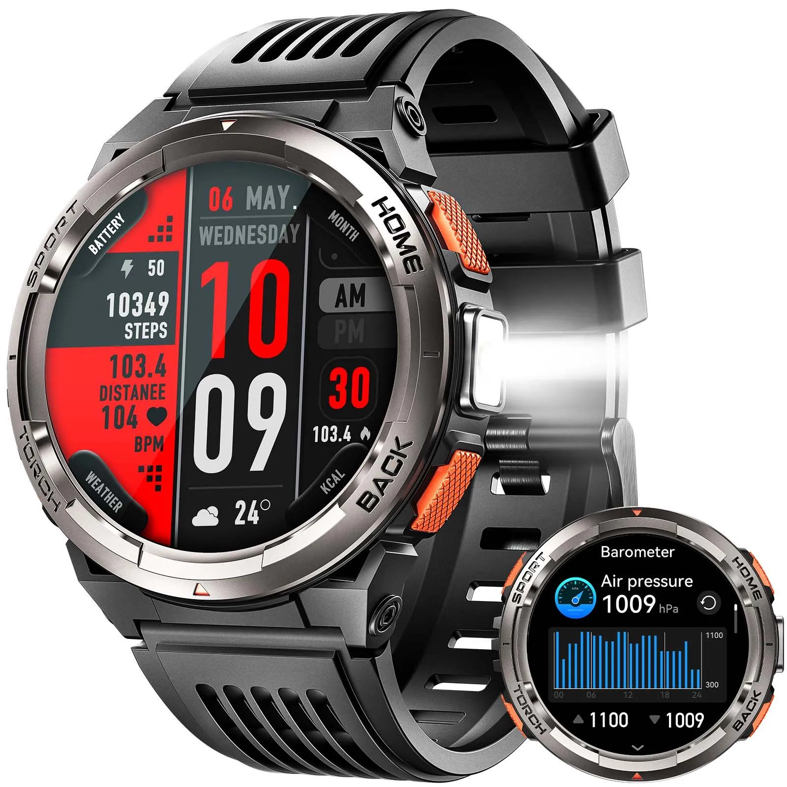 2024 EIGIIS Smart Watches for Men with LED Flashlight 1.45’’ HD Rugged Smartwatch (Answer/Make Call) with Compass Altitude Barometer SOS Alarming Fitness Tracker For Heart Rate Monitor Compatible With IOS And Android Phones