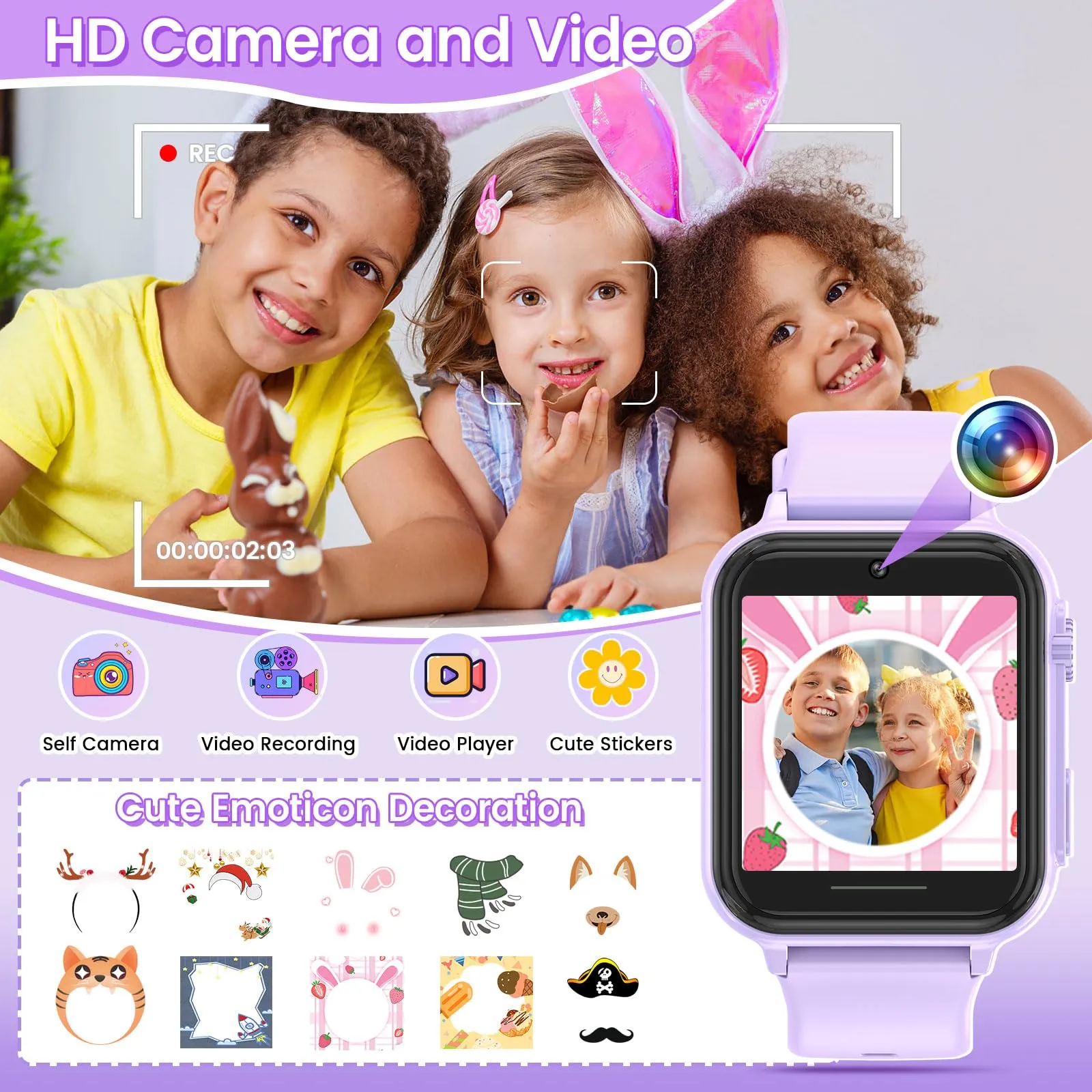 2G Smart Watch for Kids Gift for Girls Ages 4-12 - Includes Screen Protector, 30  Games, 140 Learning Cards, HD Touch Screen, Camera, Music, Pedometer - Fun & Educational Birthday Gift Idea (Pink)