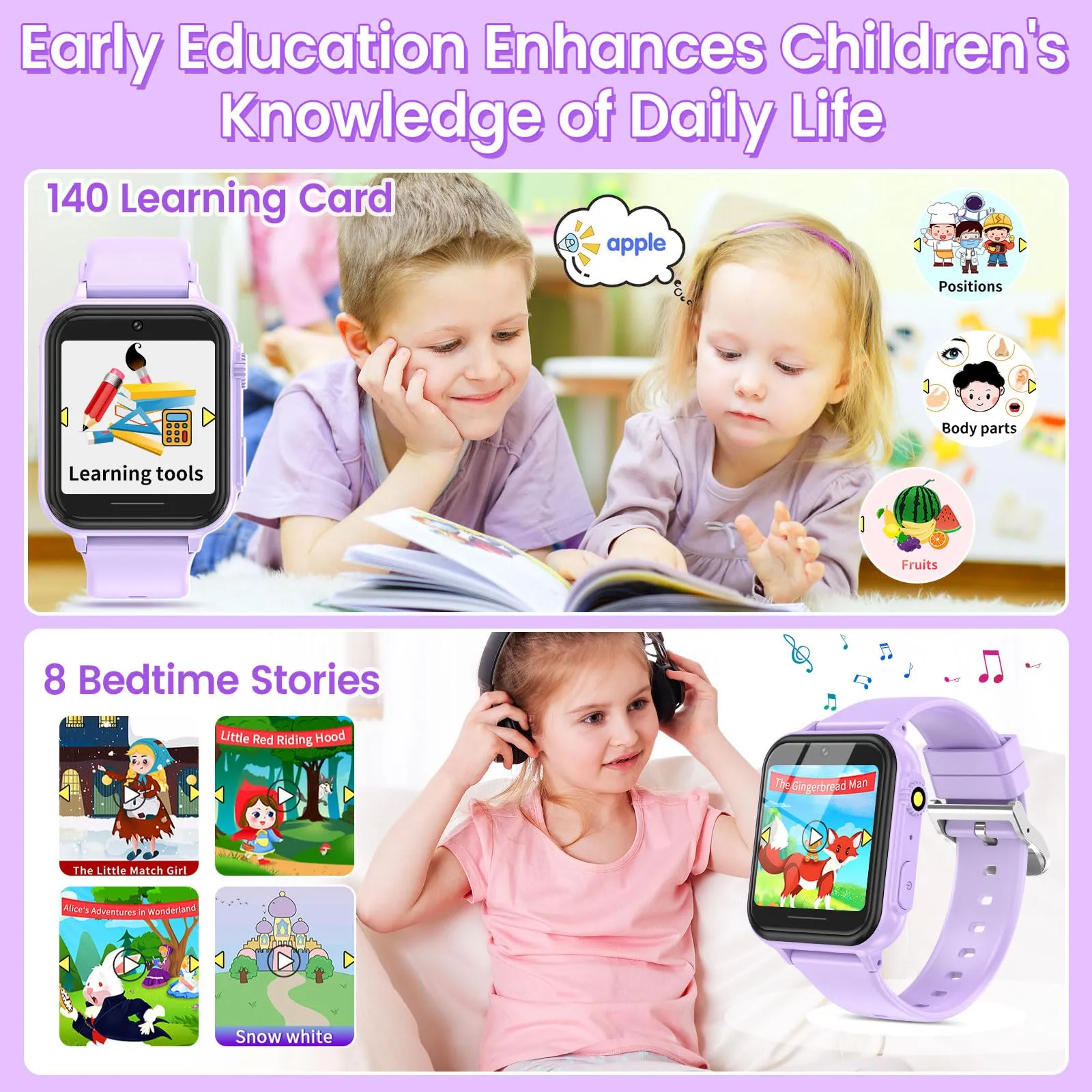 2G Smart Watch for Kids Gift for Girls Ages 4-12 - Includes Screen Protector, 30  Games, 140 Learning Cards, HD Touch Screen, Camera, Music, Pedometer - Fun & Educational Birthday Gift Idea (Pink)