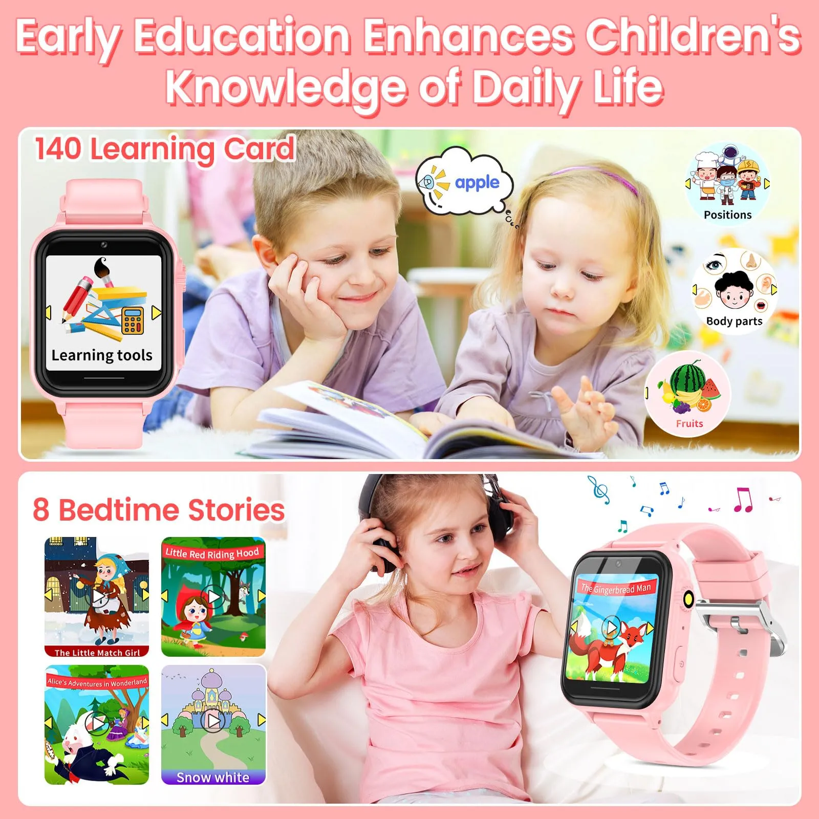 2G Smart Watch for Kids Gift for Girls Ages 4-12 - Includes Screen Protector, 30  Games, 140 Learning Cards, HD Touch Screen, Camera, Music, Pedometer - Fun & Educational Birthday Gift Idea (Pink)