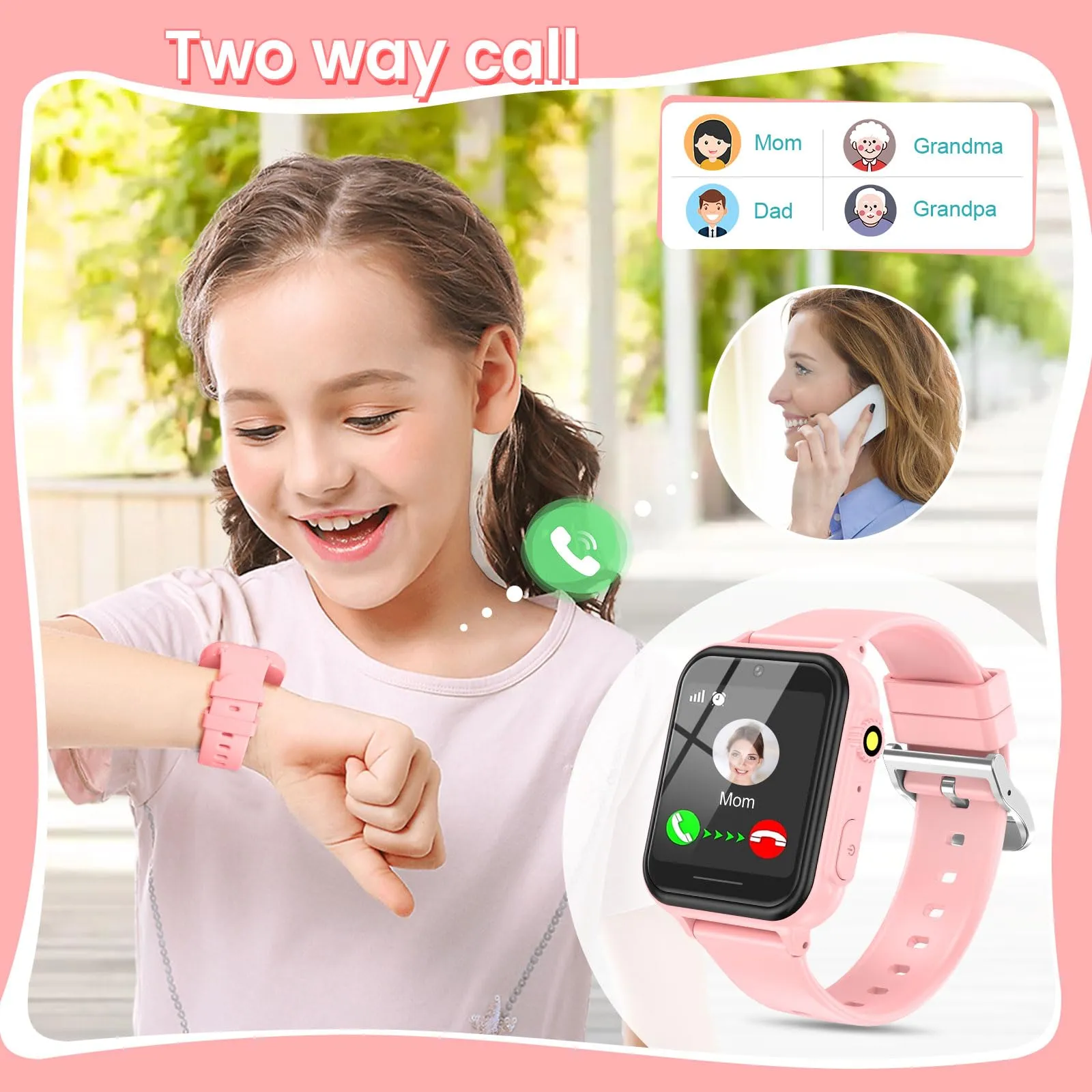 2G Smart Watch for Kids Gift for Girls Ages 4-12 - Includes Screen Protector, 30  Games, 140 Learning Cards, HD Touch Screen, Camera, Music, Pedometer - Fun & Educational Birthday Gift Idea (Pink)