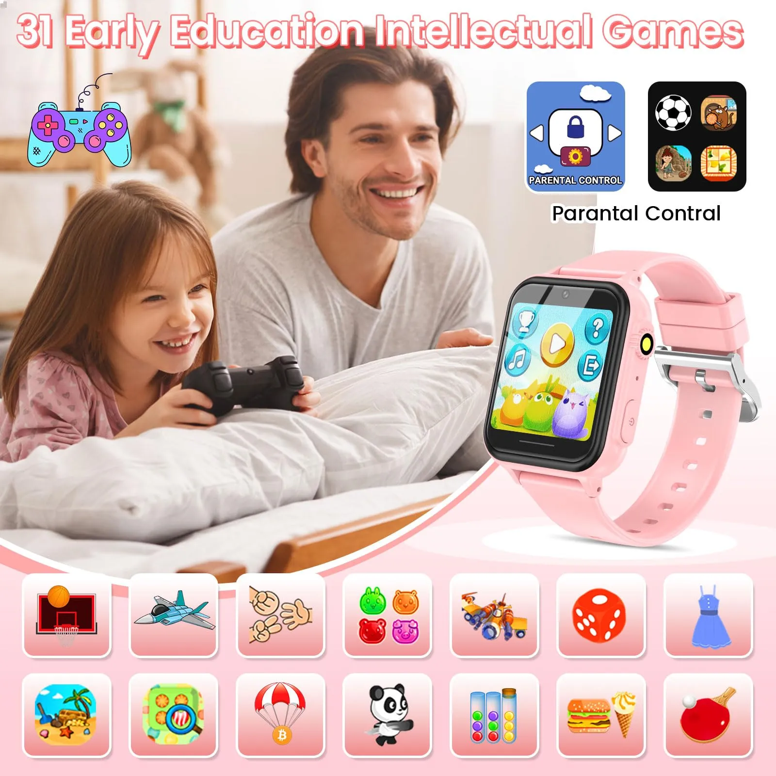2G Smart Watch for Kids Gift for Girls Ages 4-12 - Includes Screen Protector, 30  Games, 140 Learning Cards, HD Touch Screen, Camera, Music, Pedometer - Fun & Educational Birthday Gift Idea (Pink)