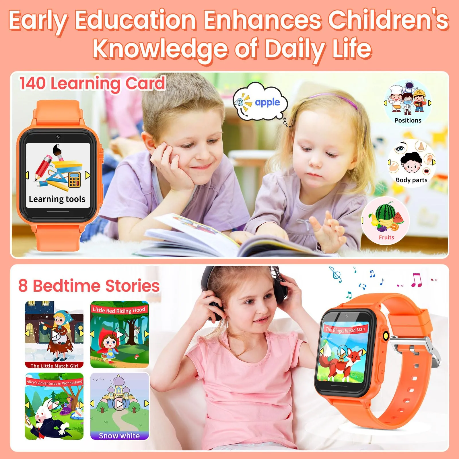 2G Smart Watch for Kids Gift for Girls Ages 4-12 - Includes Screen Protector, 30  Games, 140 Learning Cards, HD Touch Screen, Camera, Music, Pedometer - Fun & Educational Birthday Gift Idea (Pink)