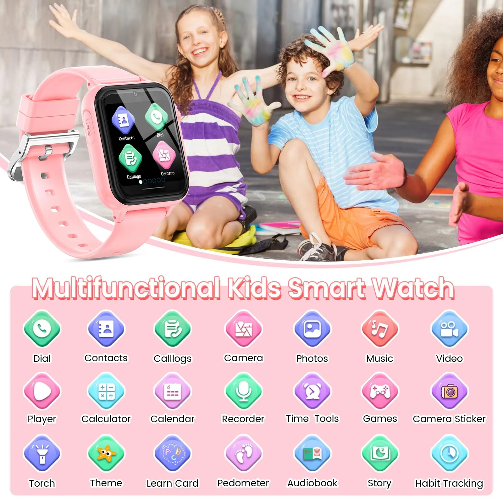 2G Smart Watch for Kids Gift for Girls Ages 4-12 - Includes Screen Protector, 30  Games, 140 Learning Cards, HD Touch Screen, Camera, Music, Pedometer - Fun & Educational Birthday Gift Idea (Pink)