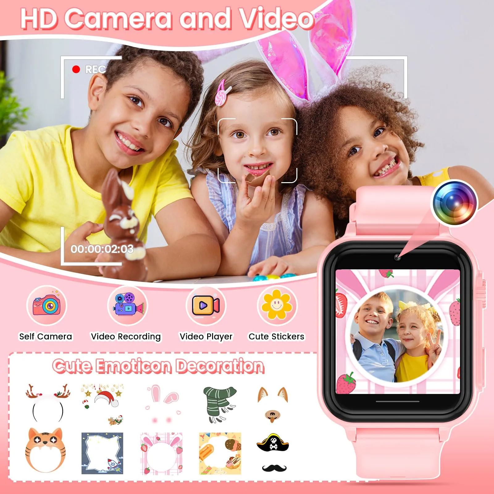 2G Smart Watch for Kids Gift for Girls Ages 4-12 - Includes Screen Protector, 30  Games, 140 Learning Cards, HD Touch Screen, Camera, Music, Pedometer - Fun & Educational Birthday Gift Idea (Pink)