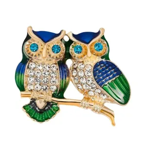33mm Owl Pair Brooches Korean Trendy Rhinestone Brooch Badge Pin Backed Bird Animal Party Casual Suit Decoration Badge Women Corsage Gifts