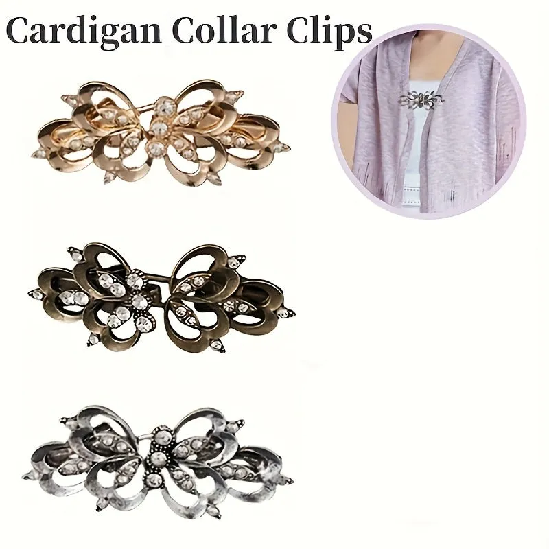 3pcs Vintage Rhinestone Sweater Clips Cardigan & Scarf Pins Non Slip Brooches