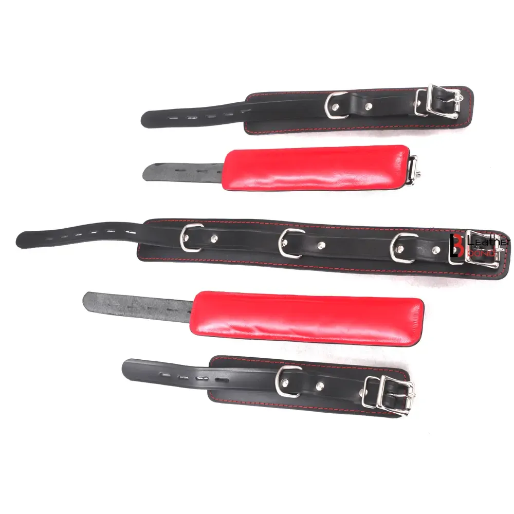 7 Piece Bondage Kit Black Red Luxury Set Soft Padded Genuine Leather Submissive Save Collar Wrist Ankle Cuffs Set Red & Black