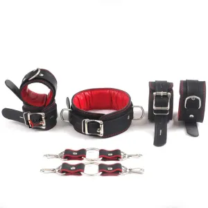 7 Piece Bondage Kit Black Red Luxury Set Soft Padded Genuine Leather Submissive Save Collar Wrist Ankle Cuffs Set Red & Black