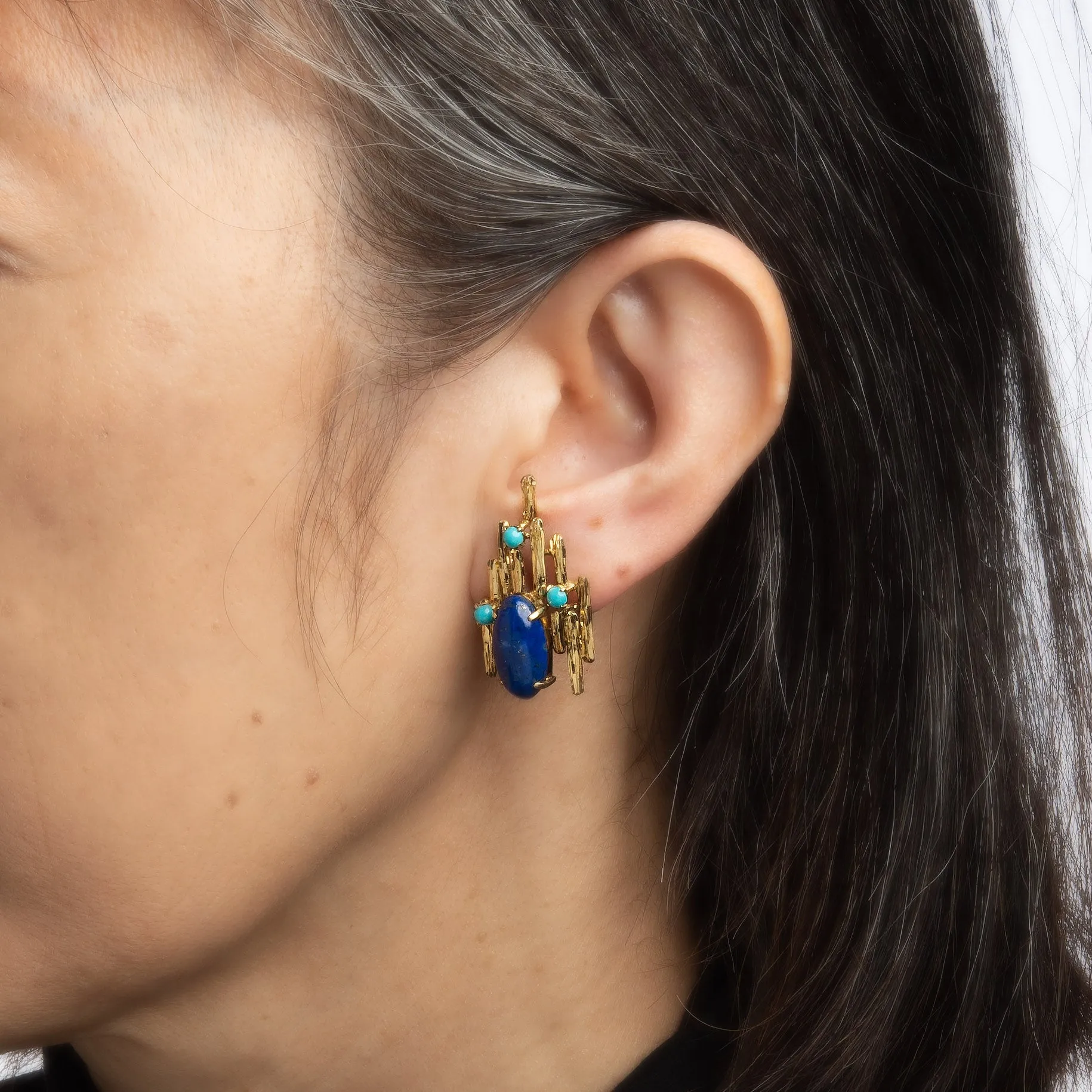 70s Brutalist Turquoise Lapis Earrings Vintage 14k Yellow Gold Large Jewelry