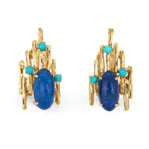 70s Brutalist Turquoise Lapis Earrings Vintage 14k Yellow Gold Large Jewelry