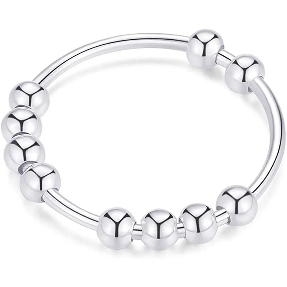 925 Sterling Silver Anti Anxiety Ring for Women Men Fidget Rings for Anxiety Anxiety Ring with Beads Spinner Ring for Anxiety Spinning Ring
