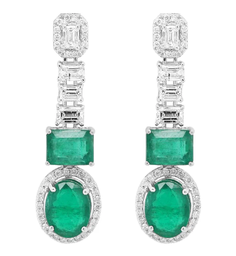 9.42tcw Emeralds & Diamonds in 18K White Gold Drop Earrings