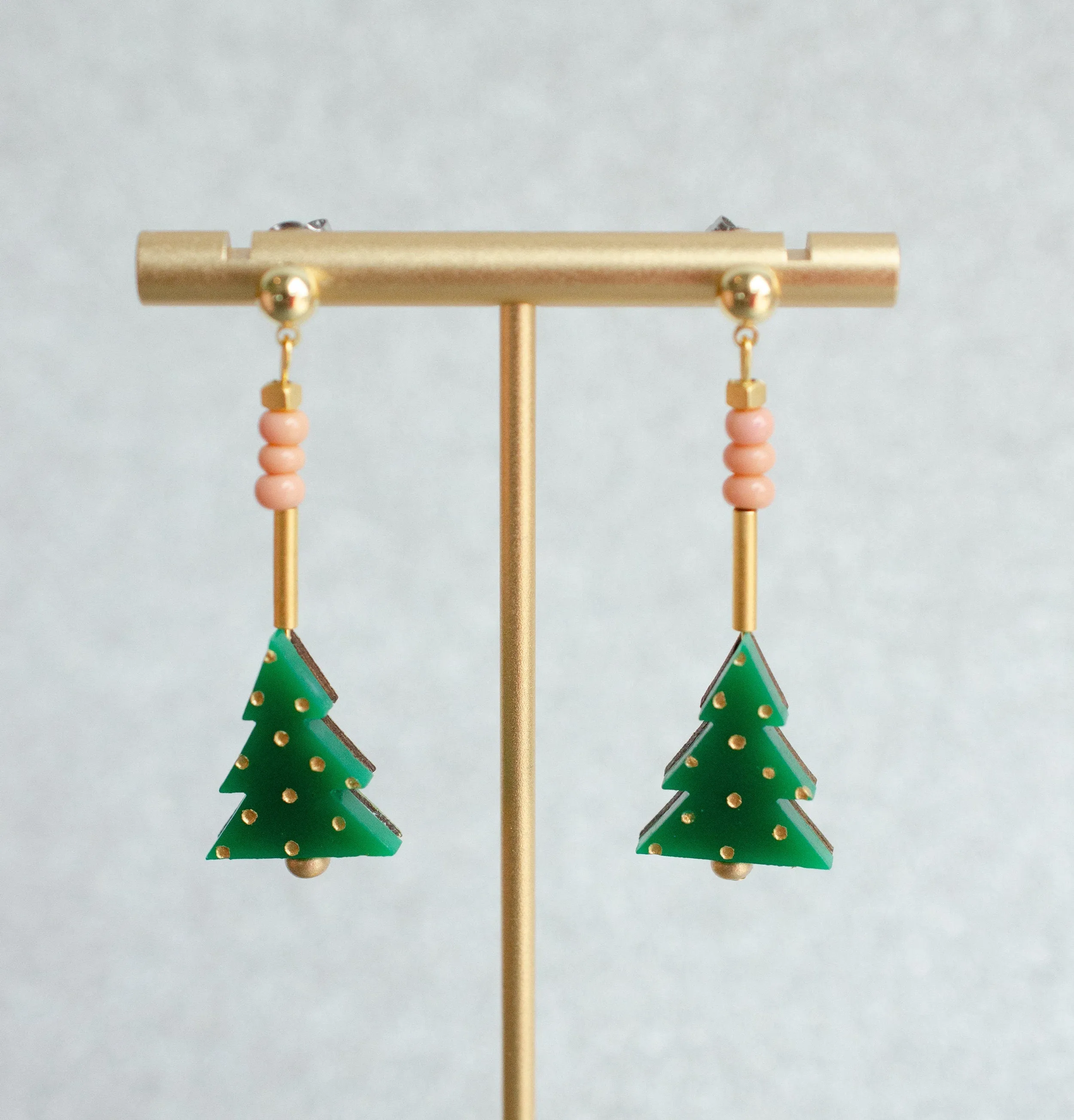Acrylic Christmas tree earrings, Holiday statement earrings, Green tree earrings, festive statement earrings, beaded dangle earrings,