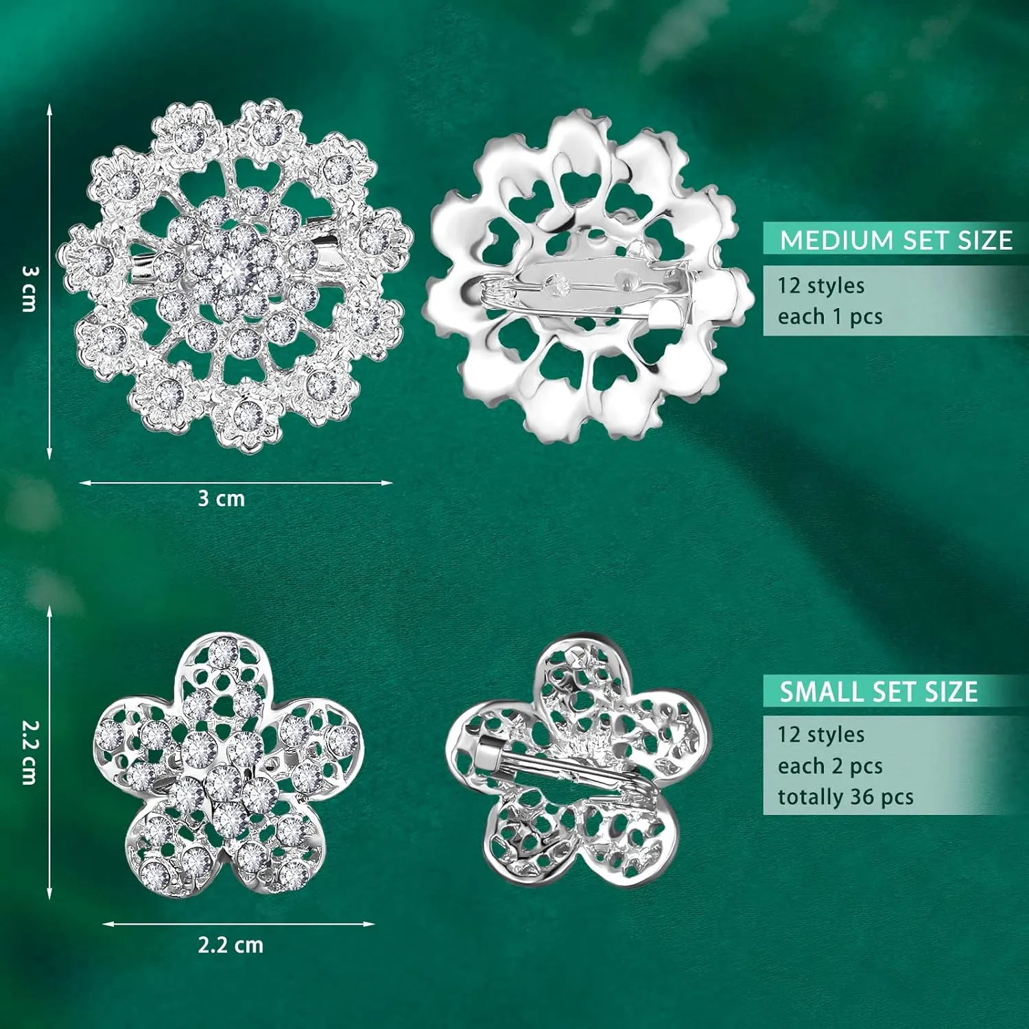 Aethers & Co A1 36 Pieces Clear Rhinestone Brooches for Crafts Crystal Flower Brooch Pins with Rhinestones Sliver Bulk Brooches Jewelry for Woman Flower Lapel Badge Pins DIY Wedding Bouquet Broaches Kit