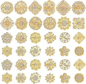 Aethers & Co A1 36 Pieces Clear Rhinestone Brooches for Crafts Crystal Flower Brooch Pins with Rhinestones Sliver Bulk Brooches Jewelry for Woman Flower Lapel Badge Pins DIY Wedding Bouquet Broaches Kit