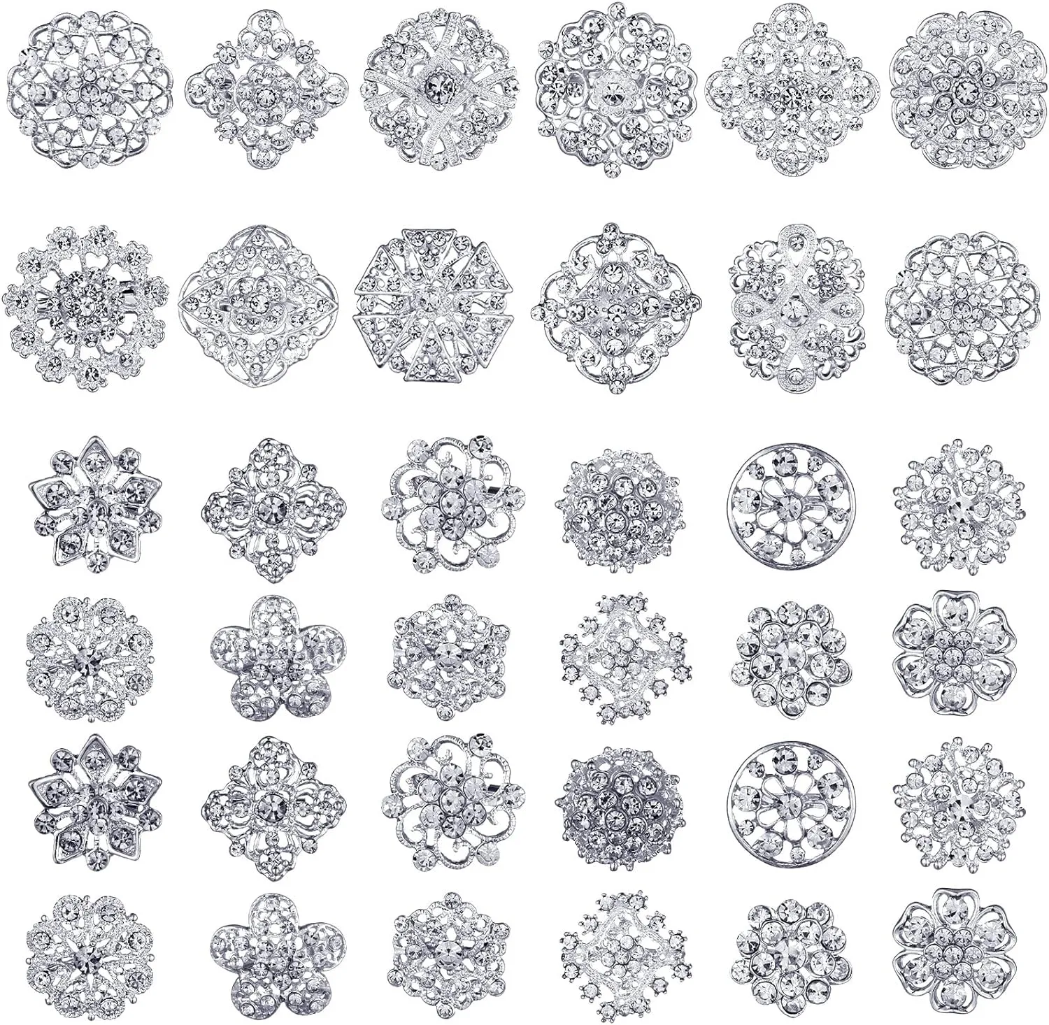 Aethers & Co A1 36 Pieces Clear Rhinestone Brooches for Crafts Crystal Flower Brooch Pins with Rhinestones Sliver Bulk Brooches Jewelry for Woman Flower Lapel Badge Pins DIY Wedding Bouquet Broaches Kit