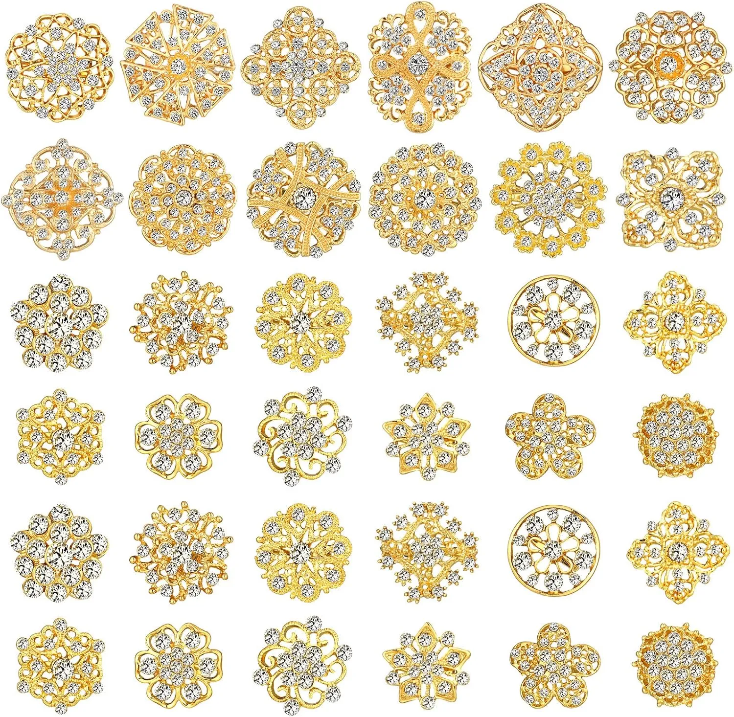 Aethers & Co A1 36 Pieces Clear Rhinestone Brooches for Crafts Crystal Flower Brooch Pins with Rhinestones Sliver Bulk Brooches Jewelry for Woman Flower Lapel Badge Pins DIY Wedding Bouquet Broaches Kit