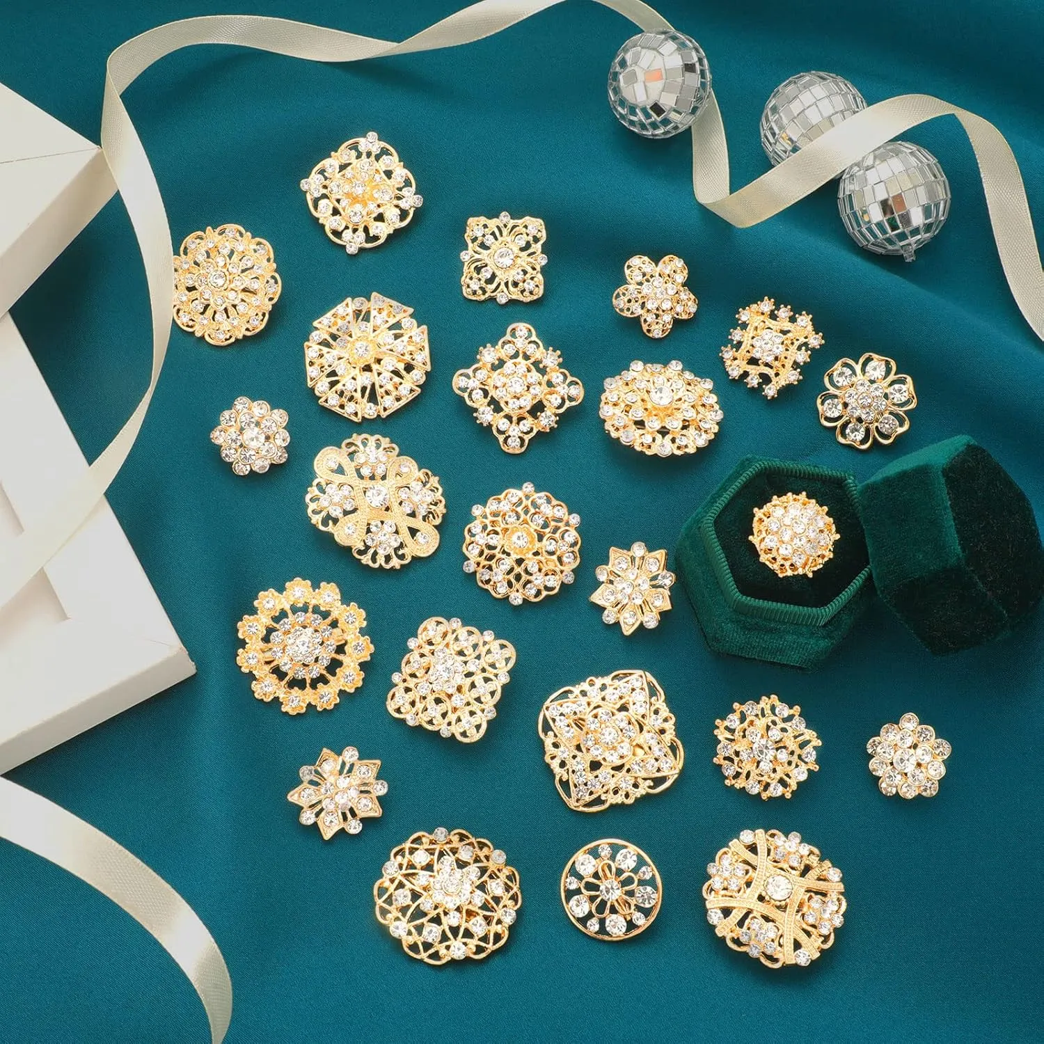 Aethers & Co A1 36 Pieces Clear Rhinestone Brooches for Crafts Crystal Flower Brooch Pins with Rhinestones Sliver Bulk Brooches Jewelry for Woman Flower Lapel Badge Pins DIY Wedding Bouquet Broaches Kit