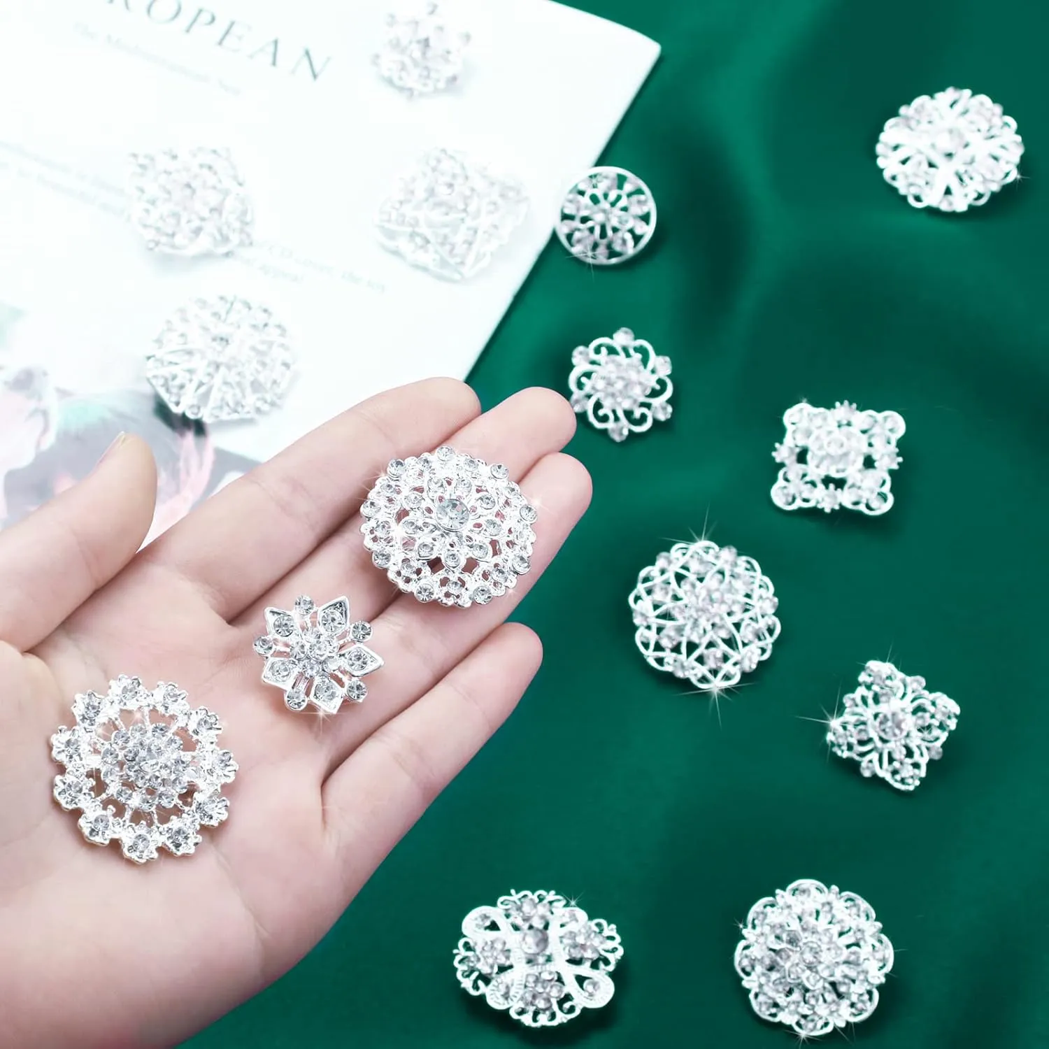 Aethers & Co A1 36 Pieces Clear Rhinestone Brooches for Crafts Crystal Flower Brooch Pins with Rhinestones Sliver Bulk Brooches Jewelry for Woman Flower Lapel Badge Pins DIY Wedding Bouquet Broaches Kit