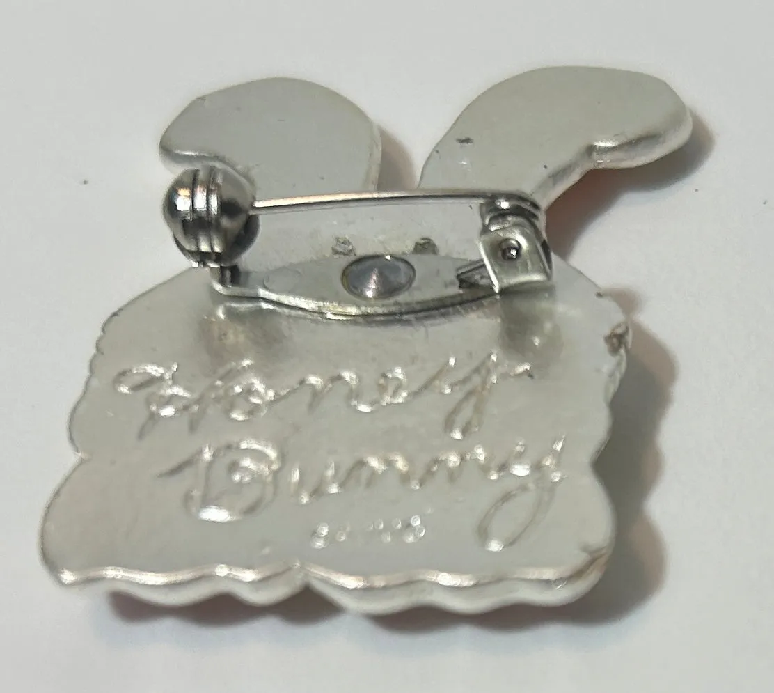 AJMC “Honey Bunny” Easter Bunny Pin Brooch with Pink Rhinestones – Vintage Signed Metal Lapel Pin