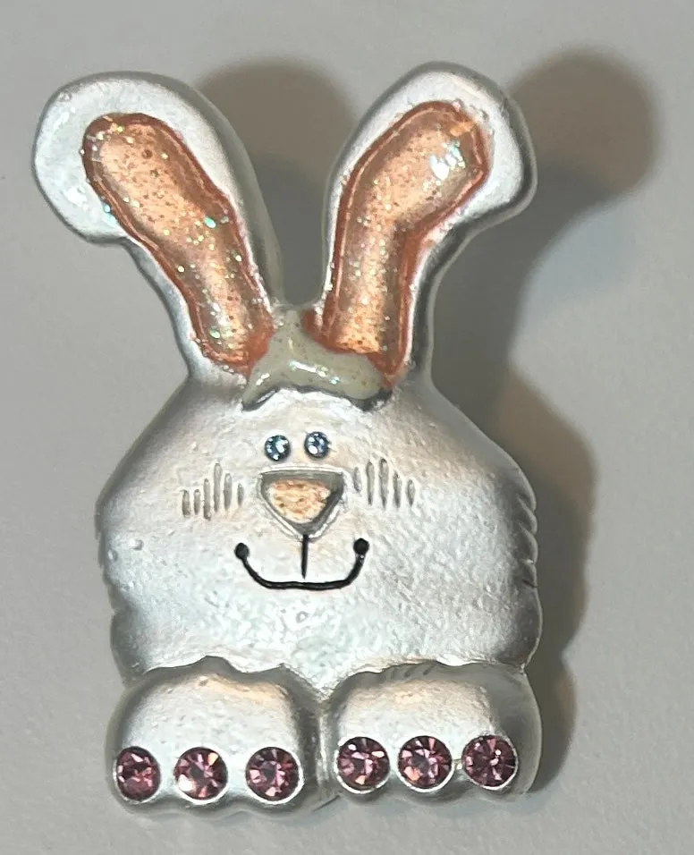 AJMC “Honey Bunny” Easter Bunny Pin Brooch with Pink Rhinestones – Vintage Signed Metal Lapel Pin