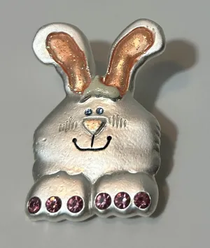 AJMC “Honey Bunny” Easter Bunny Pin Brooch with Pink Rhinestones – Vintage Signed Metal Lapel Pin