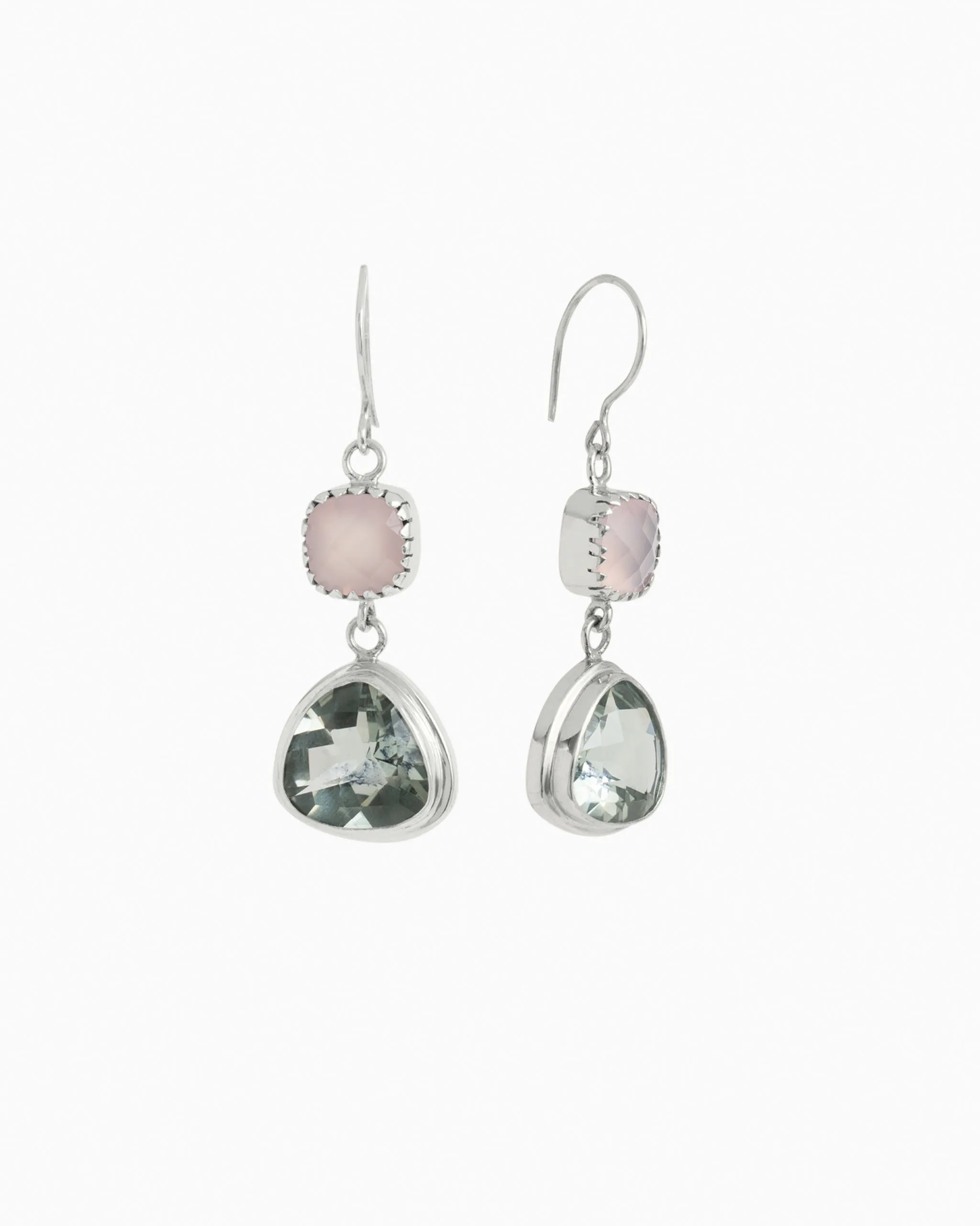Angelfish Double Stone Drop Earrings - Rose Quartz/Prasiolite