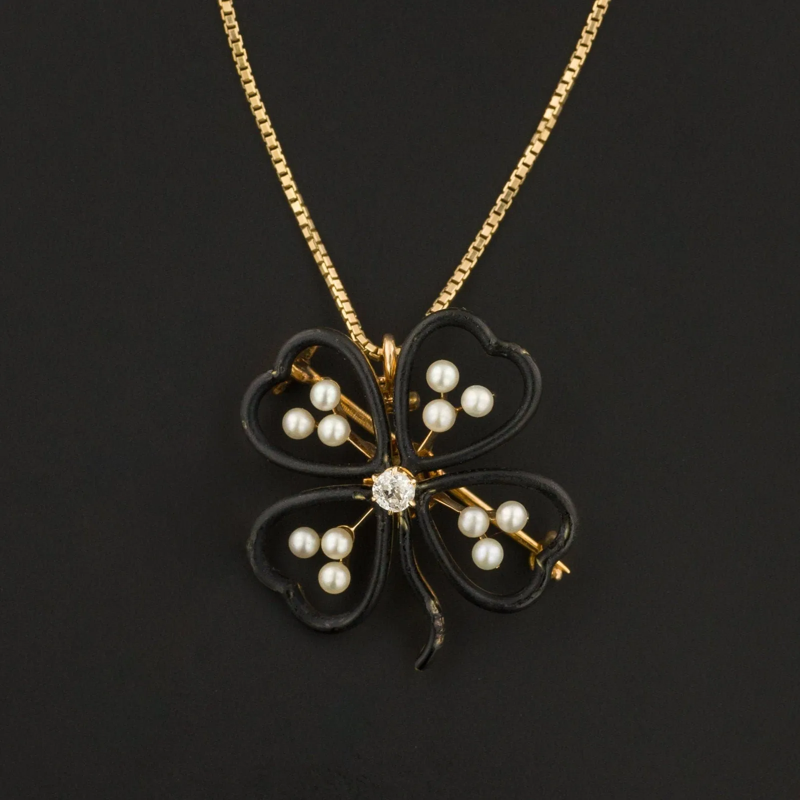 Antique Black Enamel Clover Pendant or Brooch of 14k Gold