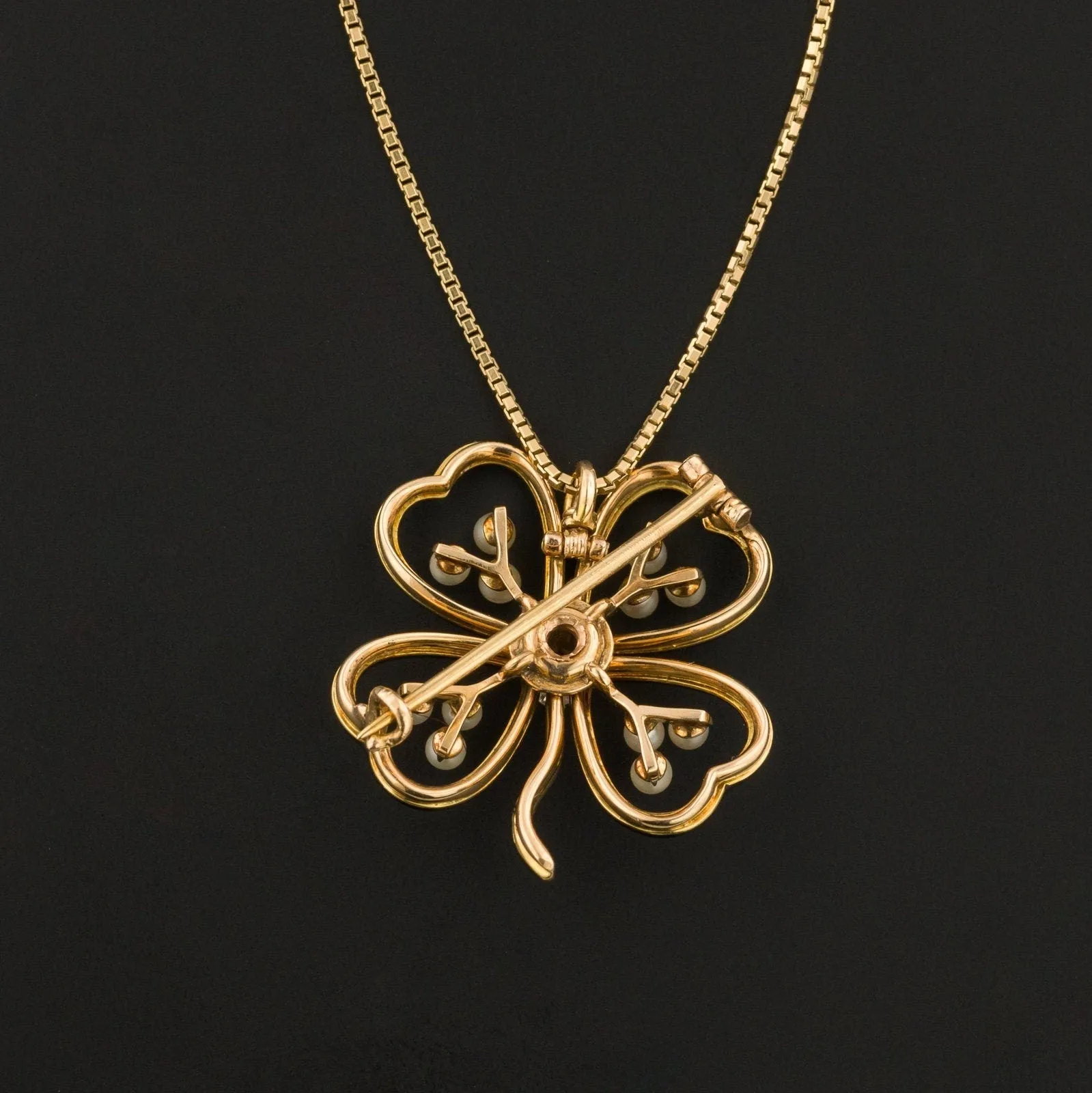 Antique Black Enamel Clover Pendant or Brooch of 14k Gold