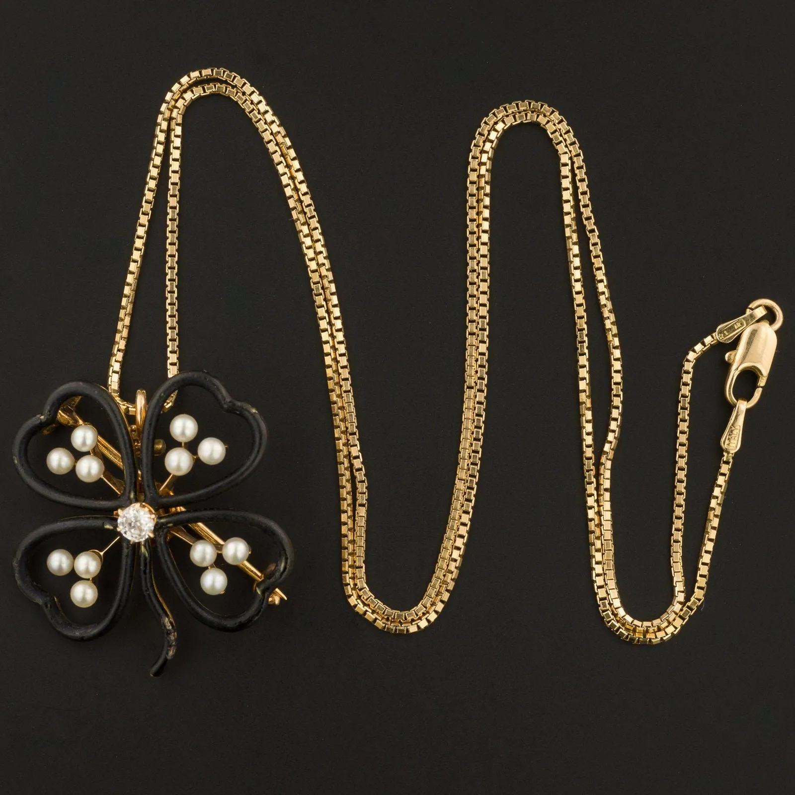 Antique Black Enamel Clover Pendant or Brooch of 14k Gold