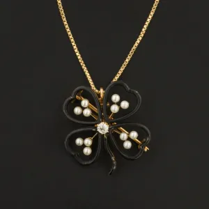 Antique Black Enamel Clover Pendant or Brooch of 14k Gold