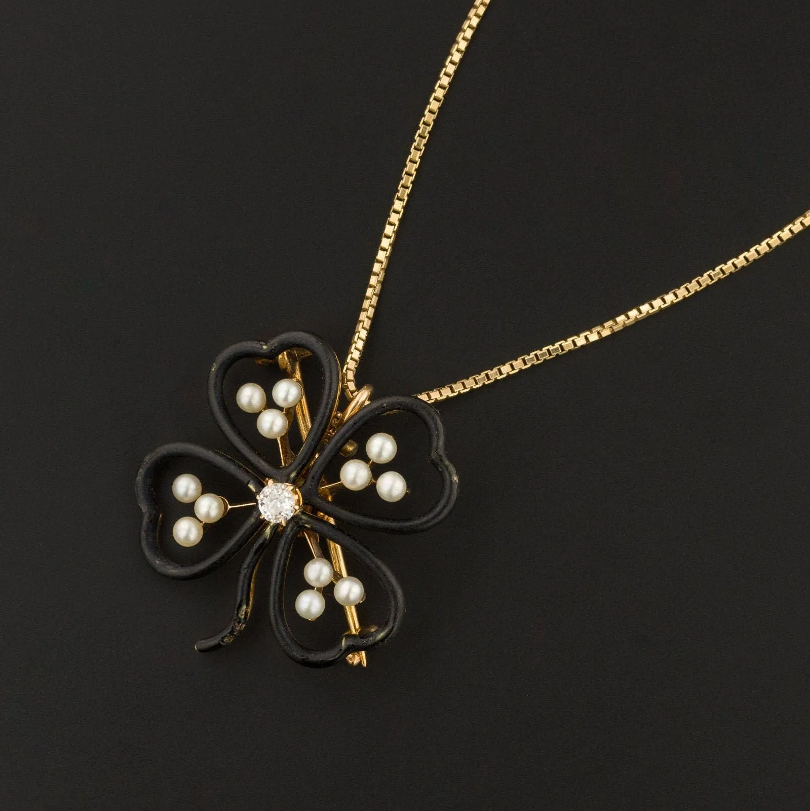 Antique Black Enamel Clover Pendant or Brooch of 14k Gold