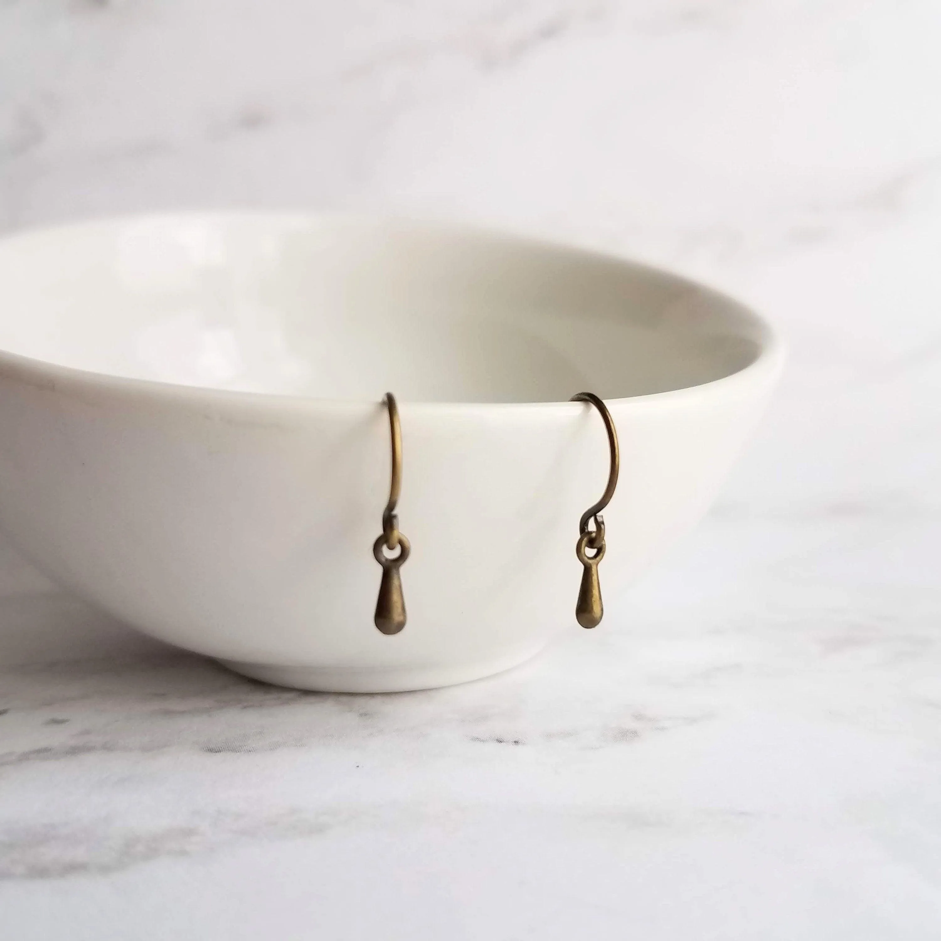 Antique Brass Drop Earrings, very tiny teardrops, bronze drop earring, small ear hooks, dainty earring, little brass earring delicate dangle